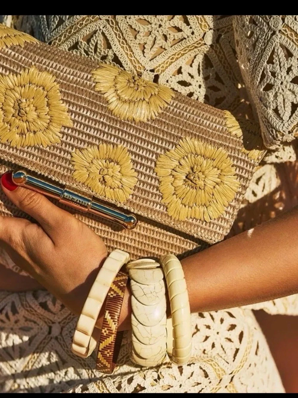 Ted Baker Beige Floral Woven Clutch with Gold-Tone Bar